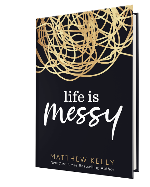 a black three dimensional book with gold tangled rope pictured at the top of the cover titled life is messy in white text and written by matthew kelly sits in front of a light brown background